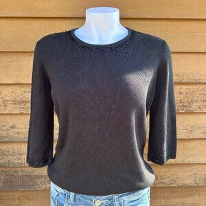 Vintage Laura Scott Petite Black Beaded Sweater L 3/4 Sleeve Acrylic & Cotton Bl